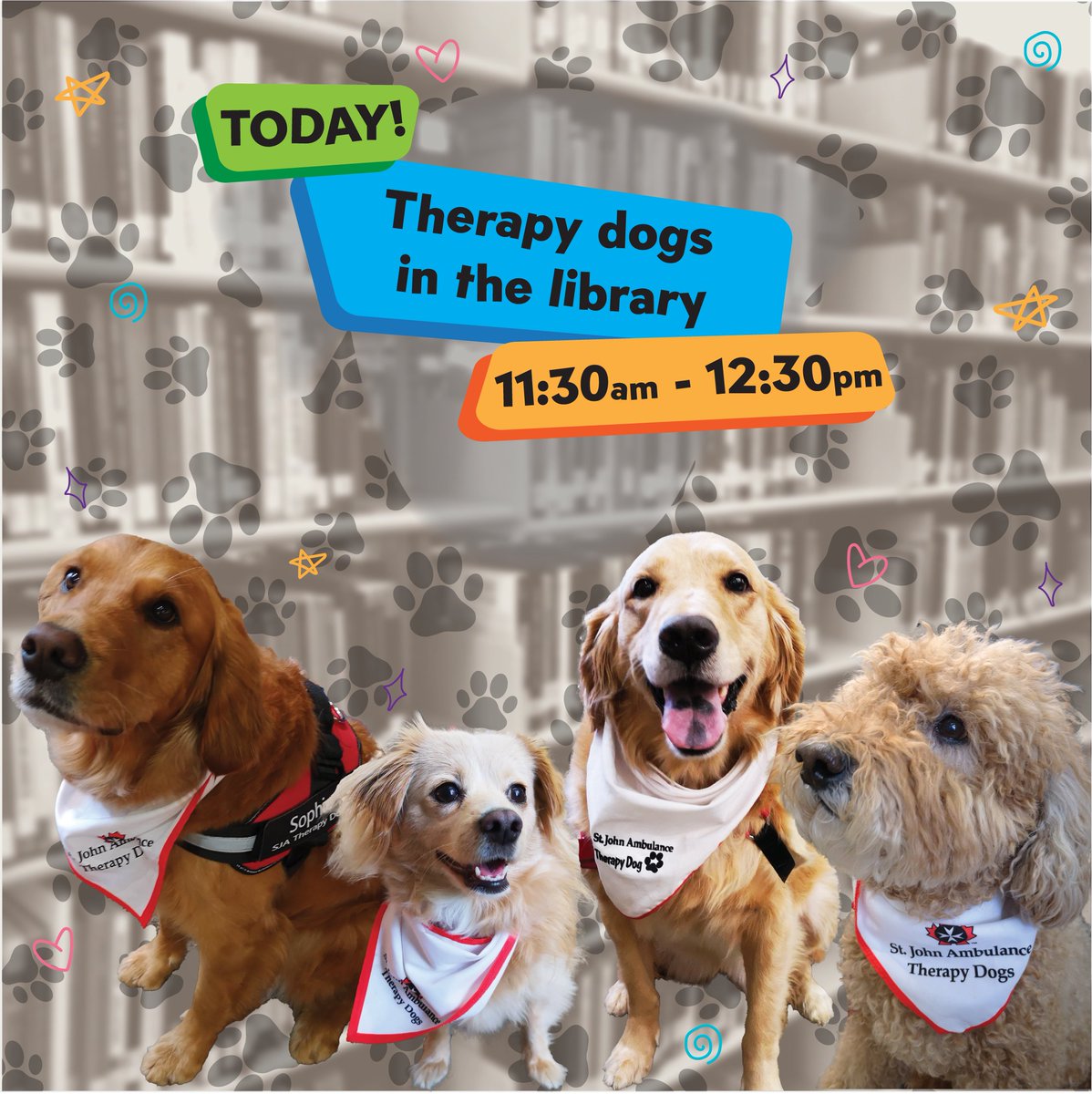 📝Prepare for exams with a doggo🐕 break! Stop by the Abbotsford #UFVLibrary from 11:30-12:30 and pet the @SJA_BCYT #TherapyDogs 🐶 Missed them? They'll be here again next Monday, April 22!