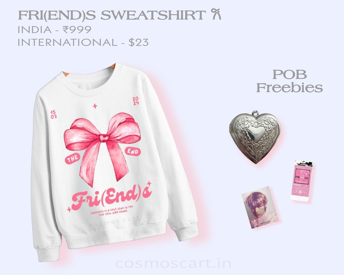 🎀 BTS V FRI(END)S Sweatshirt 🎀 — best subtle couquette themed merch to gift yourself or your tae biased friend(s) 😉🥰 note: Free shipping pan India and the International price mentioned is including all charges!!