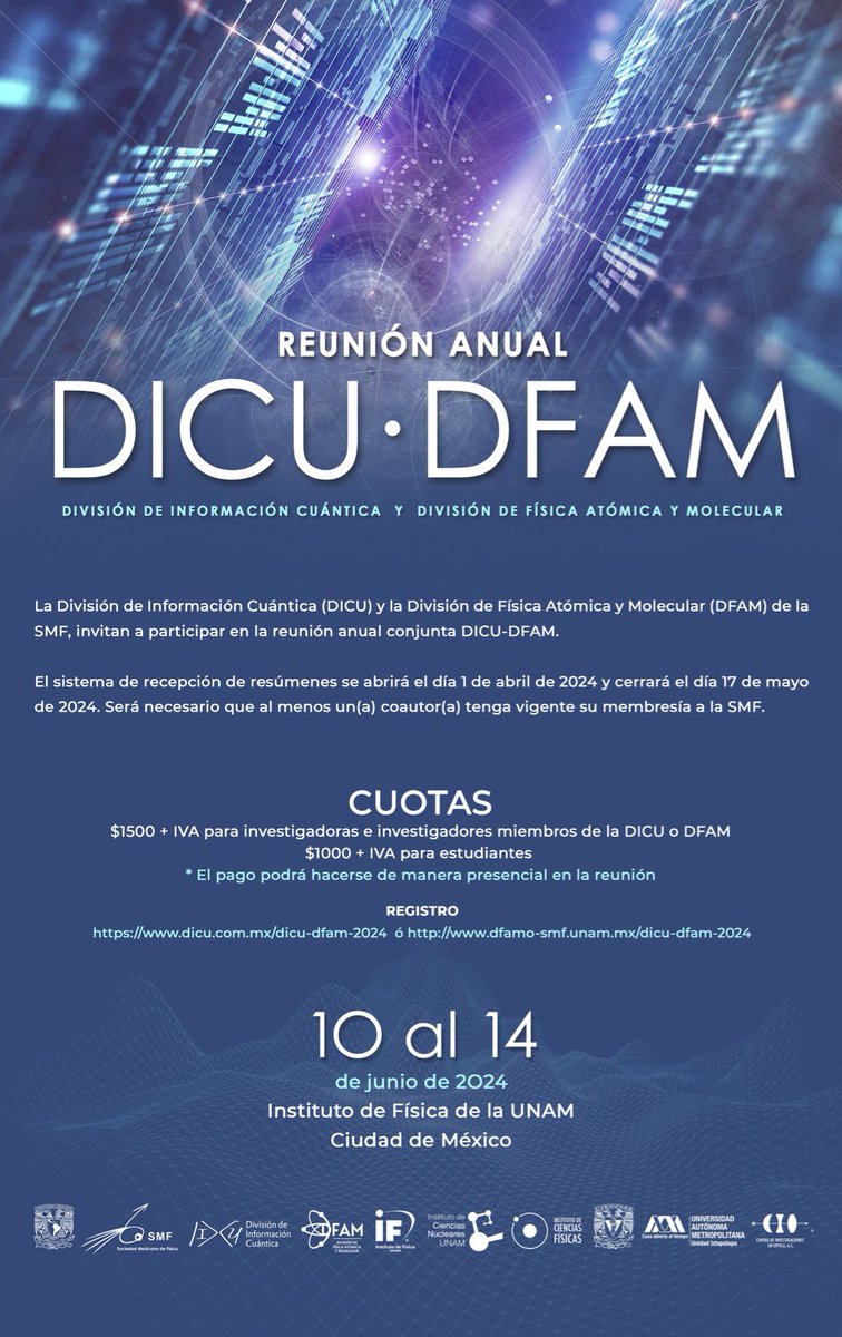 A la comunidad de Física Atómica, Molecular y Óptica: El comité organizador el TaDEM los invita a participar en la 14a edición, a celebrarse del 10 al 14 de junio del 2024 en el @IF_UNAM + Info: fis.unam.mx/TaDEM