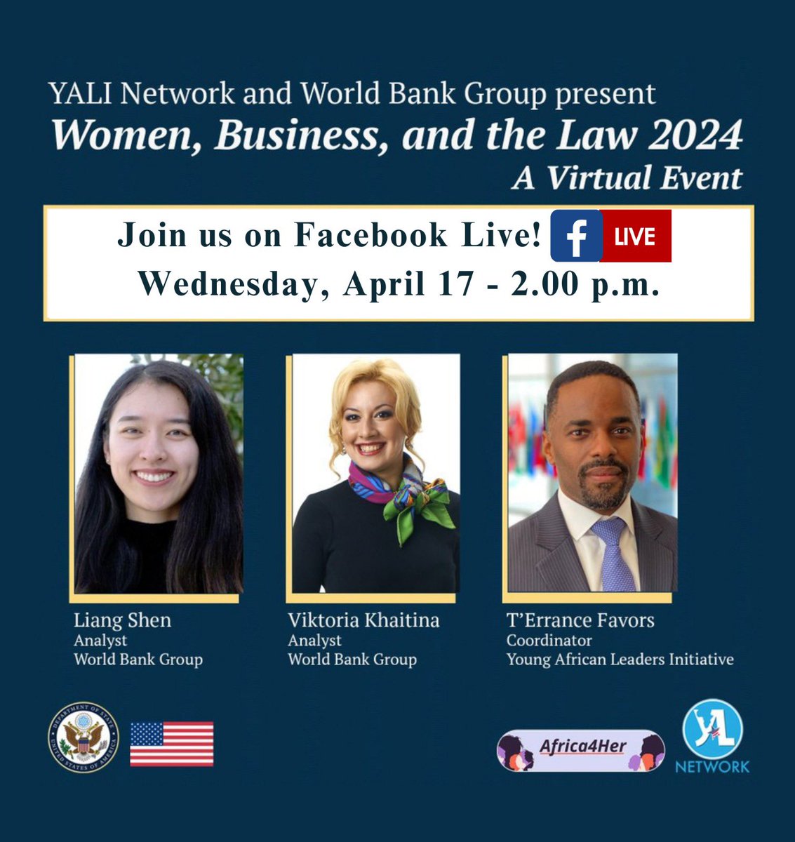 Join us on Wednesday for an engaging session featuring guest speakers Viktoria Khaitina and Liang Shen from the World Bank Group as they discuss their research and for women's economic empowerment worldwide.  ow.ly/g6ml50RfnlN #WorldBankGroup #Africa4Her #YALINetwork