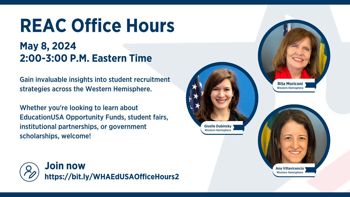 ✨Join our REAC office hours on May 8 at 2:00 p.m. ET with Giselle Dubinsky, Rita Moriconi & Ana Villavicencio ✨ Gain invaluable insights into student recruitment strategies ➡️ bit.ly/WHAEdUSAOffice….