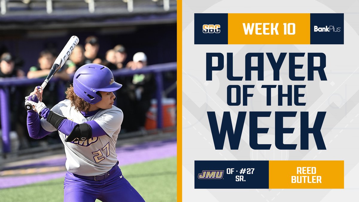 𝗥𝗘𝗘𝗗 𝗜𝗡 𝗧𝗛𝗘 𝗟𝗘𝗔𝗗.

Reed Butler is the <a href="/BankPlus/">BankPlus</a> #SunBeltSB Player of the Week after batting .625 with with five hits, four runs and two RBI in <a href="/JMUSoftball/">JMU Softball</a>’s series sweep over Marshall.  ☀️🥎

📰 » sunbelt.me/3Jm4g9e