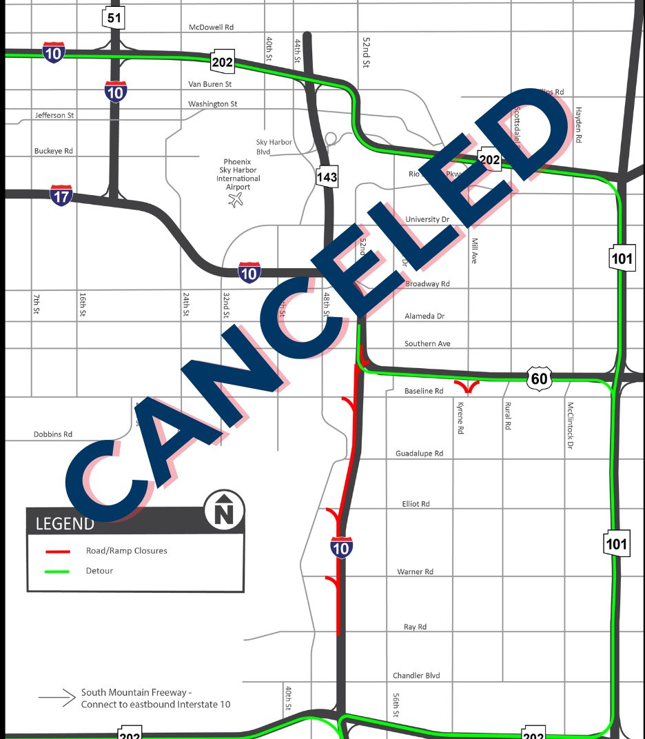 CANCELED: The closure of eastbound I-10 between US 60 and Ray Road previously scheduled for Apr. 19-22 has been canceled. For the latest closure and restriction information, visit i10BroadwayCurve.com/alerts

#StayAheadOfTheCurve at i10BroadwayCurve.com

#AheadOfTheCurveAZ