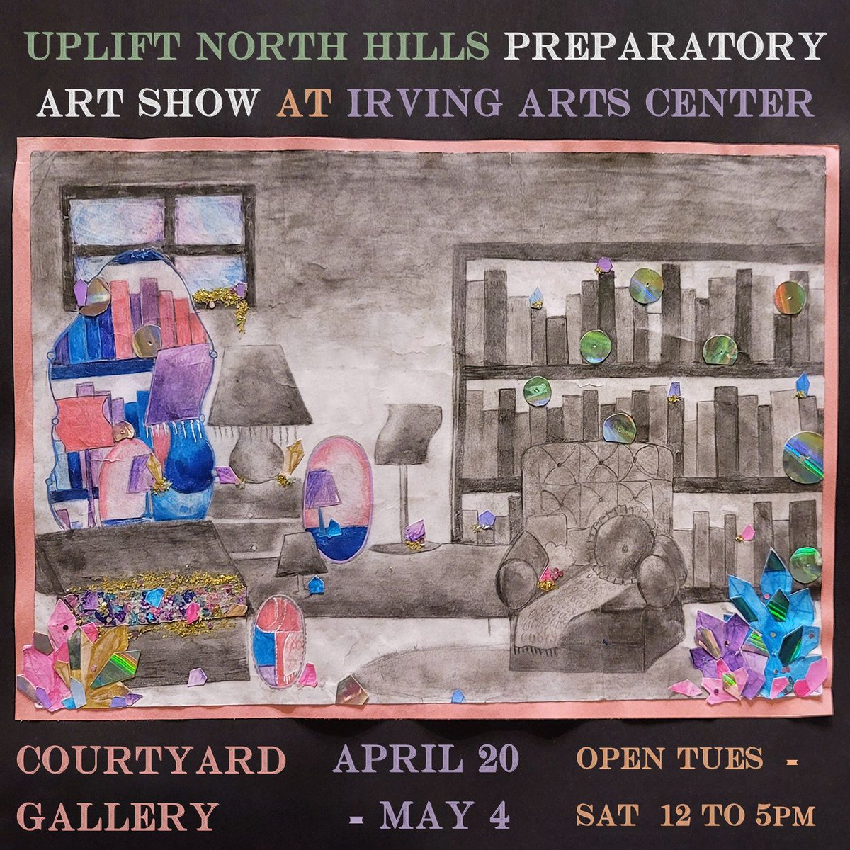 See the artwork of the talented students at Uplift North Hills Preparatory! Up in our Courtyard gallery on April 20th! #studentart #upliftpreparatory #irvingtx #irvingarts