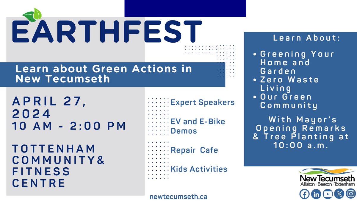 Join us on April 27 from 10AM to 2PM at the Tottenham Community & Fitness Centre to learn about green actions in New Tecumseth! We will have EV and E-Bike Demo, Expert Speakers, Repair Café, Kids Activities, and more! #EarthFest2024