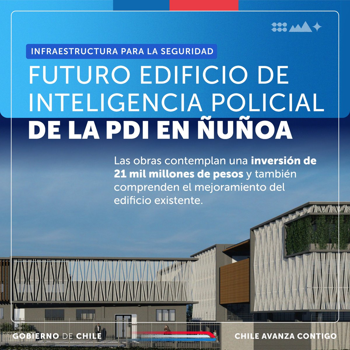 Avanzan las obras del futuro edificio de la Jefatura Nacional de Inteligencia Policial de la @pdi_chile en Ñuñoa, que contempla una inversión de 21 mil millones de pesos. A nivel nacional, el MOP desarrolla 99 proyectos de seguridad por más de $321 mil millones de pesos.