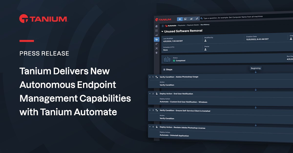 📣 Introducing #TaniumAutomate: The newest addition to Tanium's XEM platform that allows Tanium users to scale their operations and automate repetitive endpoint management tasks — like patching, vulnerability remediation and more. Learn more: bit.ly/4aHAtnC #TaniumXEM