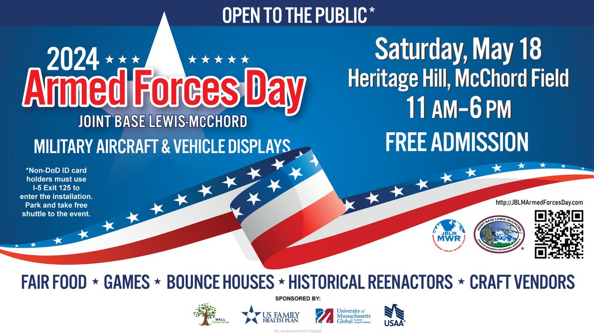 JBLM'S Armed Forces Day is scheduled for May 18 from 11 a.m. to 6 p.m. on Heritage Hill on McChord Field. The event is free and open to the public. For more information, be sure to visit @JBLMMWR  and the Armed Forces Day website jblm.armymwr.com/AFD.