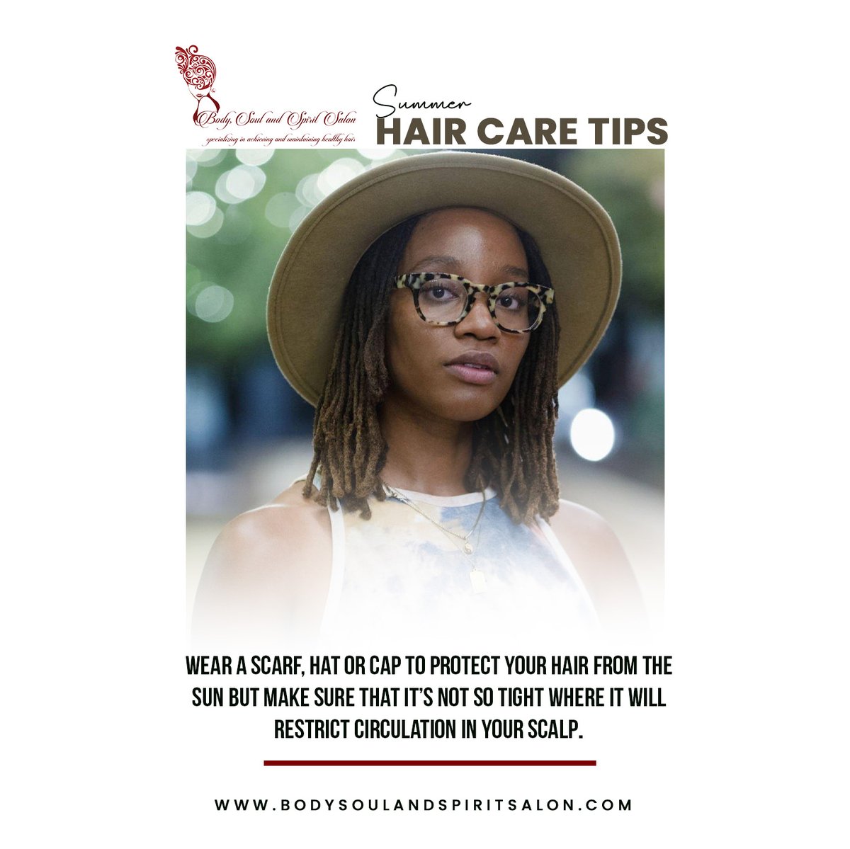 Summer Hair Care Tips:

Wear a scarf, hat or cap to protect your hair from the sun but make sure that it’s not so tight where it will restrict circulation in your scalp.

#HairCareTips #BodySoulSpirit #DidYouKnow #HairGoals #HairCare #HealthyHair