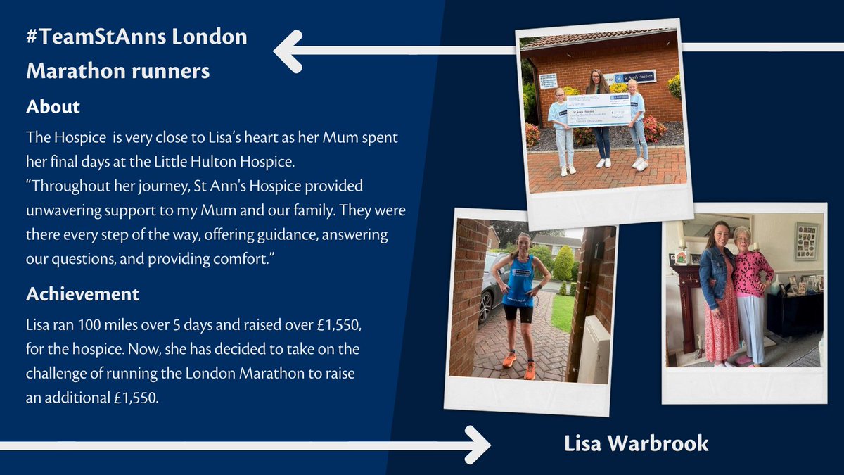 Lisa Warbrook is next up in our lineup of supporters running the London Marathon in support of our hospice! 🏃‍♀️

Lisa is running in memory of her Mum, who was cared for by the hospice in 2023. 🤍 

To read more and support Lisa, follow this link: buff.ly/3JjKNWv