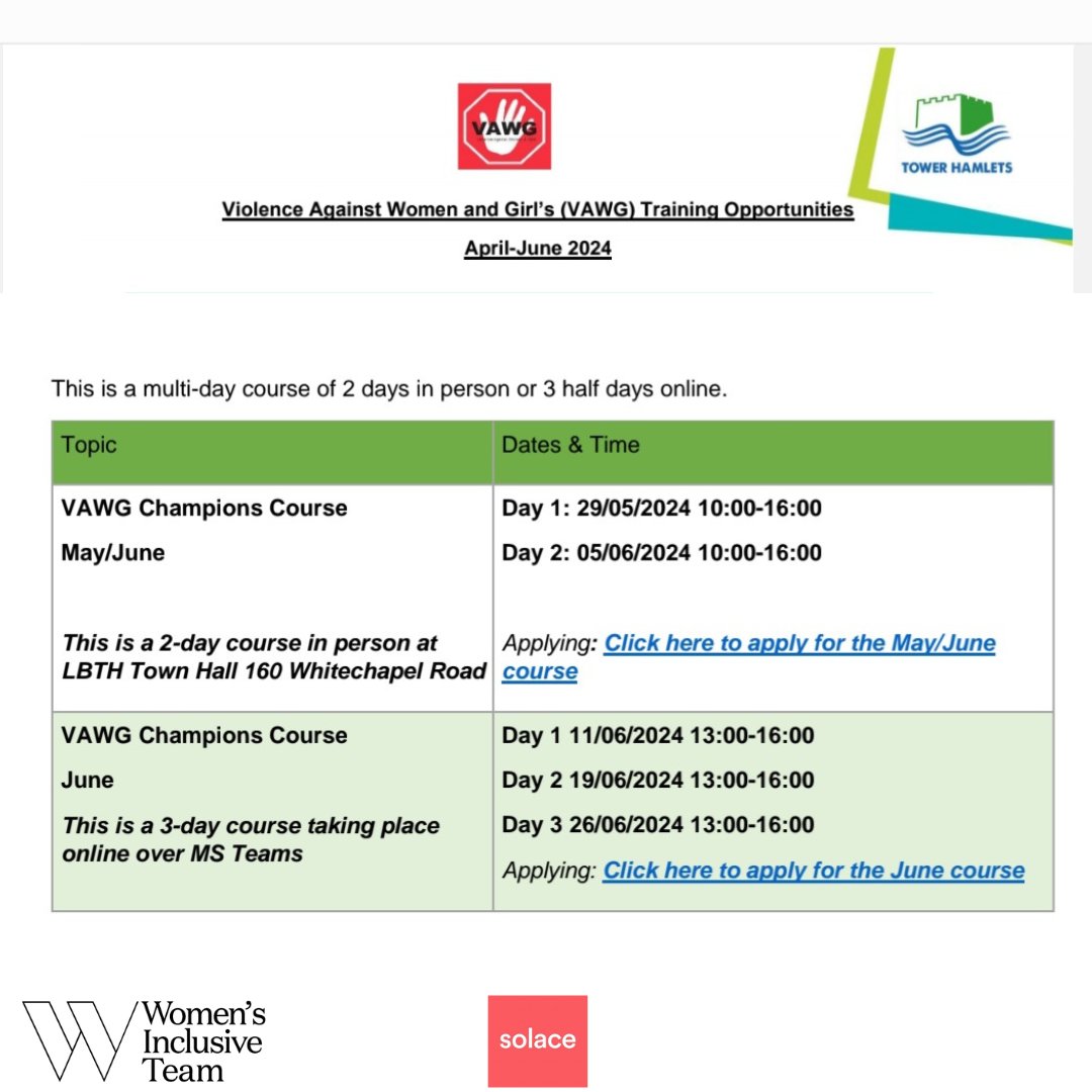 You can save lives by becoming a domestic abuse champion. Tower Hamlets Council are delivering free online and in-person training to help you widen your understanding of abuse and how to best support those that be struggling. Email haawa@wit.org.uk