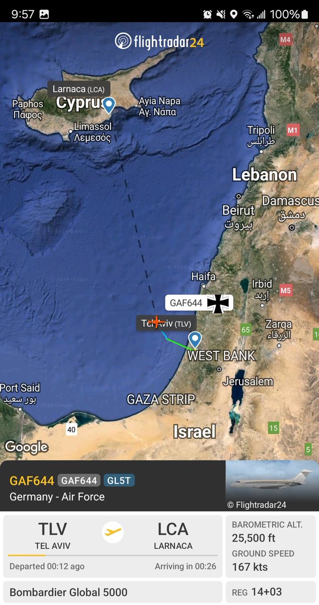 Borrowed7Time's tweet photo. German AF Global 5000 14+03 #3F6533 as GAF644 departed Tel Aviv, en route to Larnaca.
FM Annalena Baerbock had met with Israeli FM Israel Katz & PM Netanyahu. https://t.co/XiQkyCpnFb