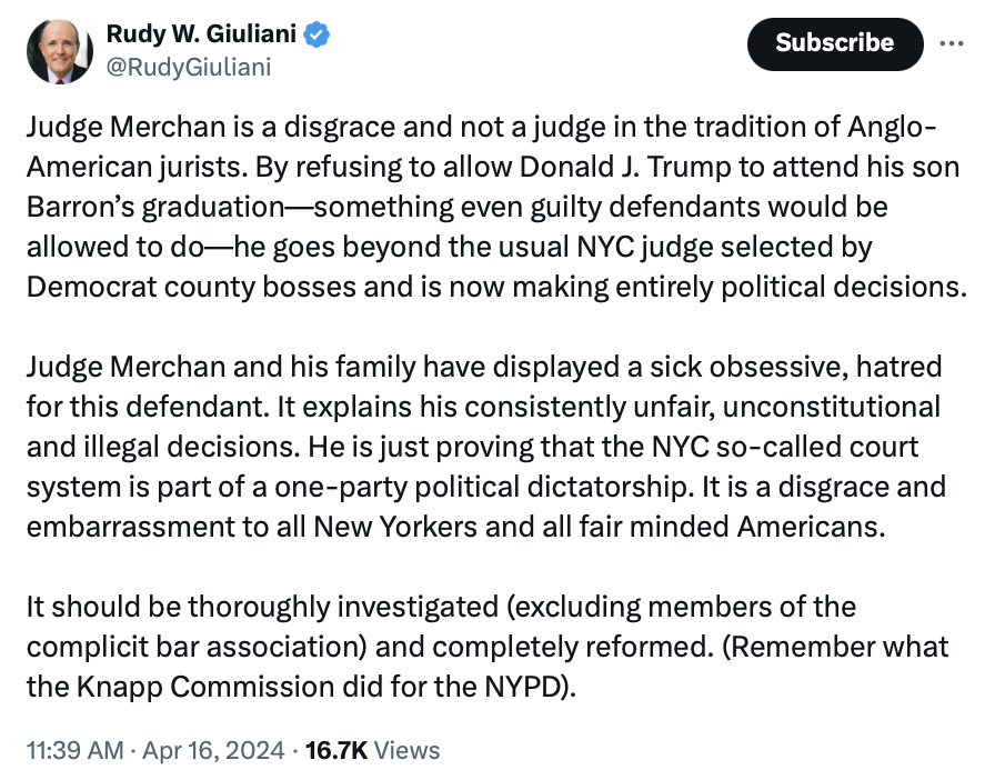Rudy says Colombian-born Hispanic judge, Hon. Juan Merchan, is not in the tradition of 'Anglo-American' jurists. Really vile dog-whistling.