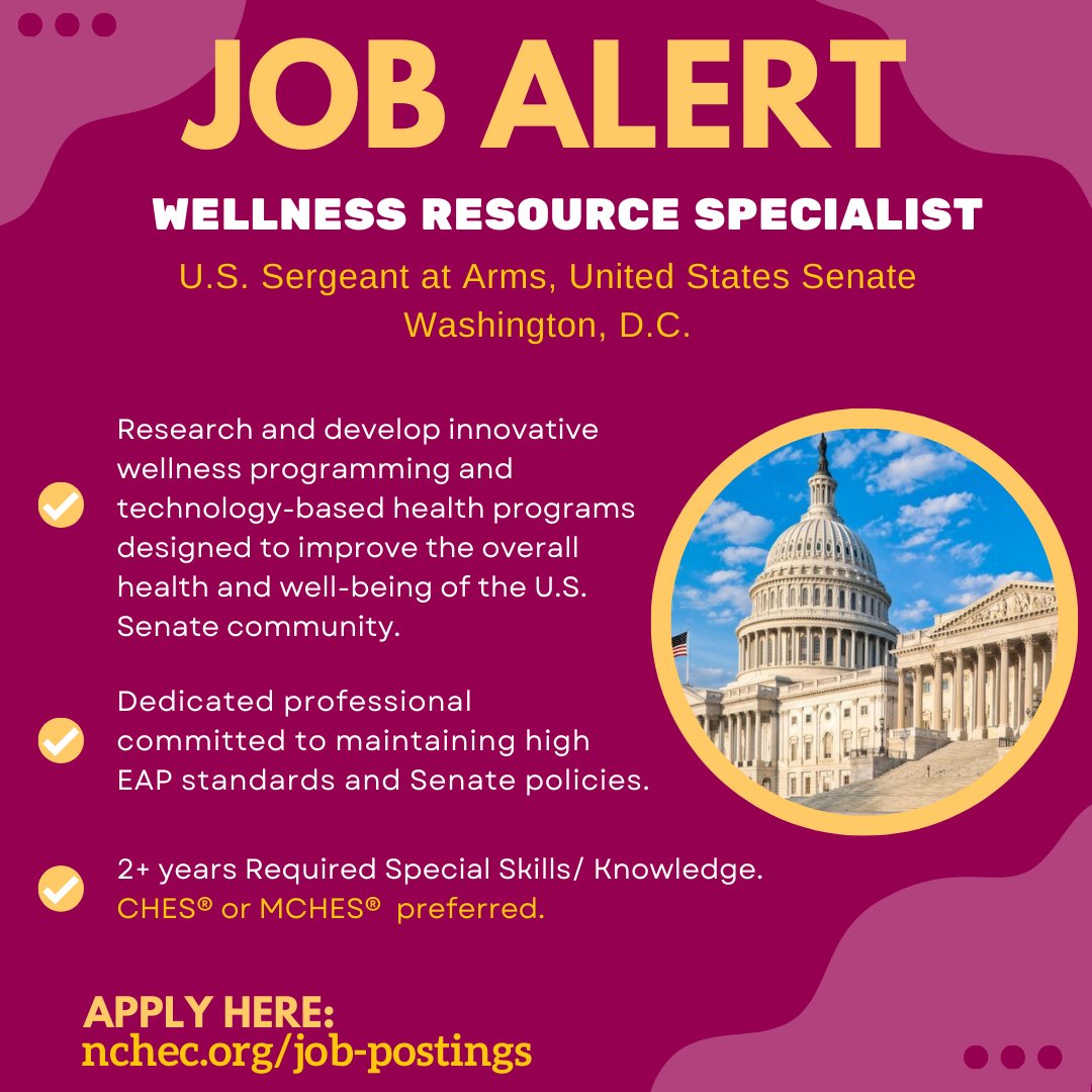 Job Opportunity: Wellness Resource Specialist U.S. Sergeant at Arms, United States Senate | Washington, D.C. Research and develop innovative wellness programming for US Senate. Learn more and apply: nchec.org/job-postings?j… #CHES or #MCHES preferred. #Careers #HealthEducation