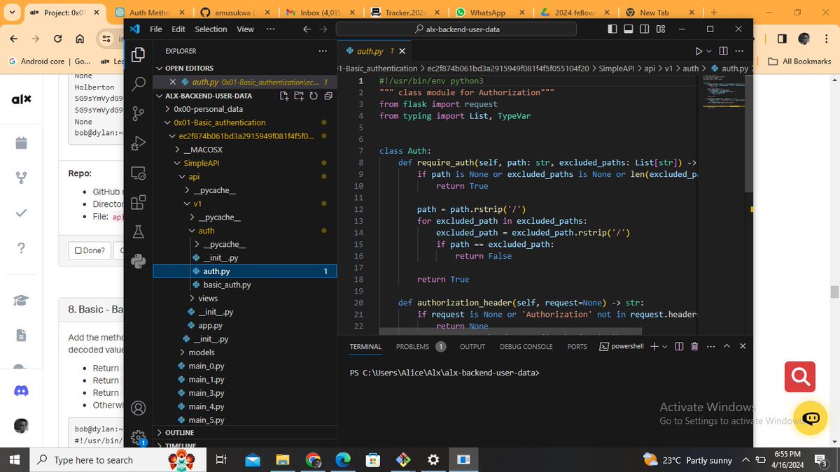 Alicetech88's tweet photo. My #100daysofALXSE challenge day 33: I worked on adding the auth and basicauth classes to the simpleApi example given in our 0x01. Basic authentication project. I liked the way the authentication process was being taught step by step. #AlwayssomethingNew
#ALX_SE 
#DoHardThings https://t.co/1yX7Kycw4d