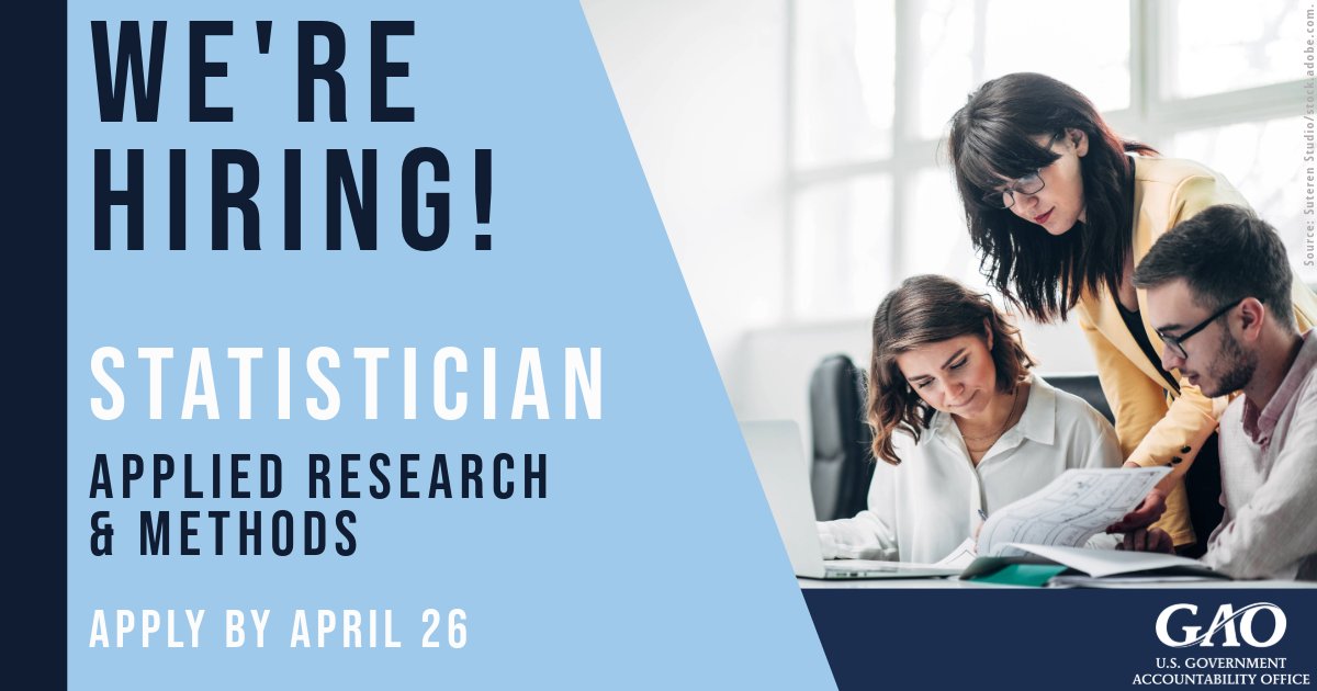 We’re hiring! We’re looking for an experienced statistician to work with our analysts on complex analyses, designing efficient sampling approaches, and organizing activities that strengthen analytical skills at GAO. Apply to join our team by April 26: usajobs.gov/job/786358500