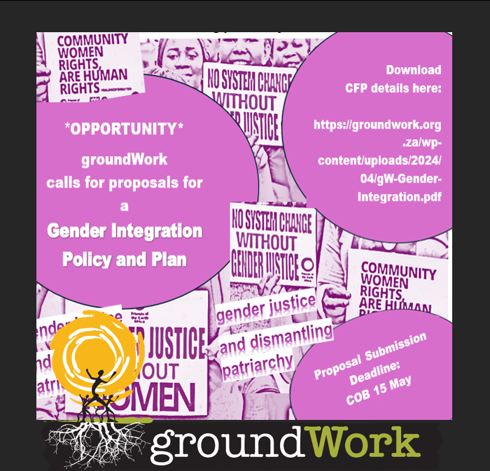 groundWorkSA's tweet photo. Great opportunity alert: groundWork invites proposals with quotations from experienced practitioners specialising in embedding gender work in civil society organisations. Link below and in profile:
https://t.co/ljVtb7SW5c https://t.co/No9uGXkXsm