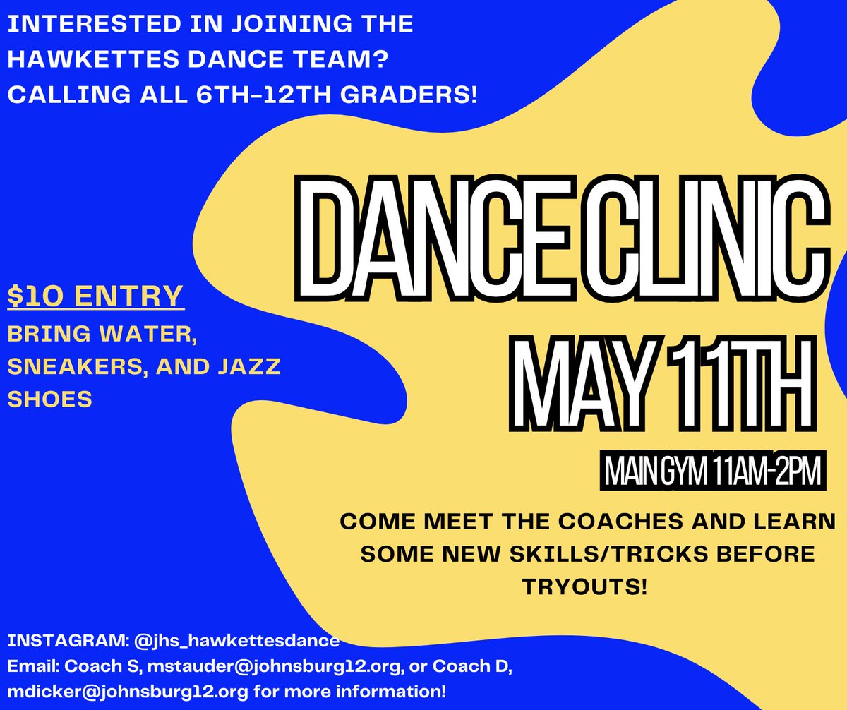 Hawkettes_JHS's tweet photo. UPDATE: Dance Clinic will be MAY 11TH 11AM-2PM! We can't wait to see you all there! https://t.co/dZBXFCyG49