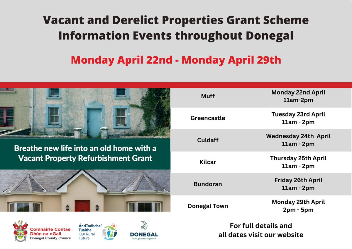 Donegal County Council is holding a number of information events to provide information on the supports available to refurbish Vacant and Derelict properties across the county in the coming week.

Full details - ow.ly/zc3z50Rh4qE

#Donegal #YourCouncil
