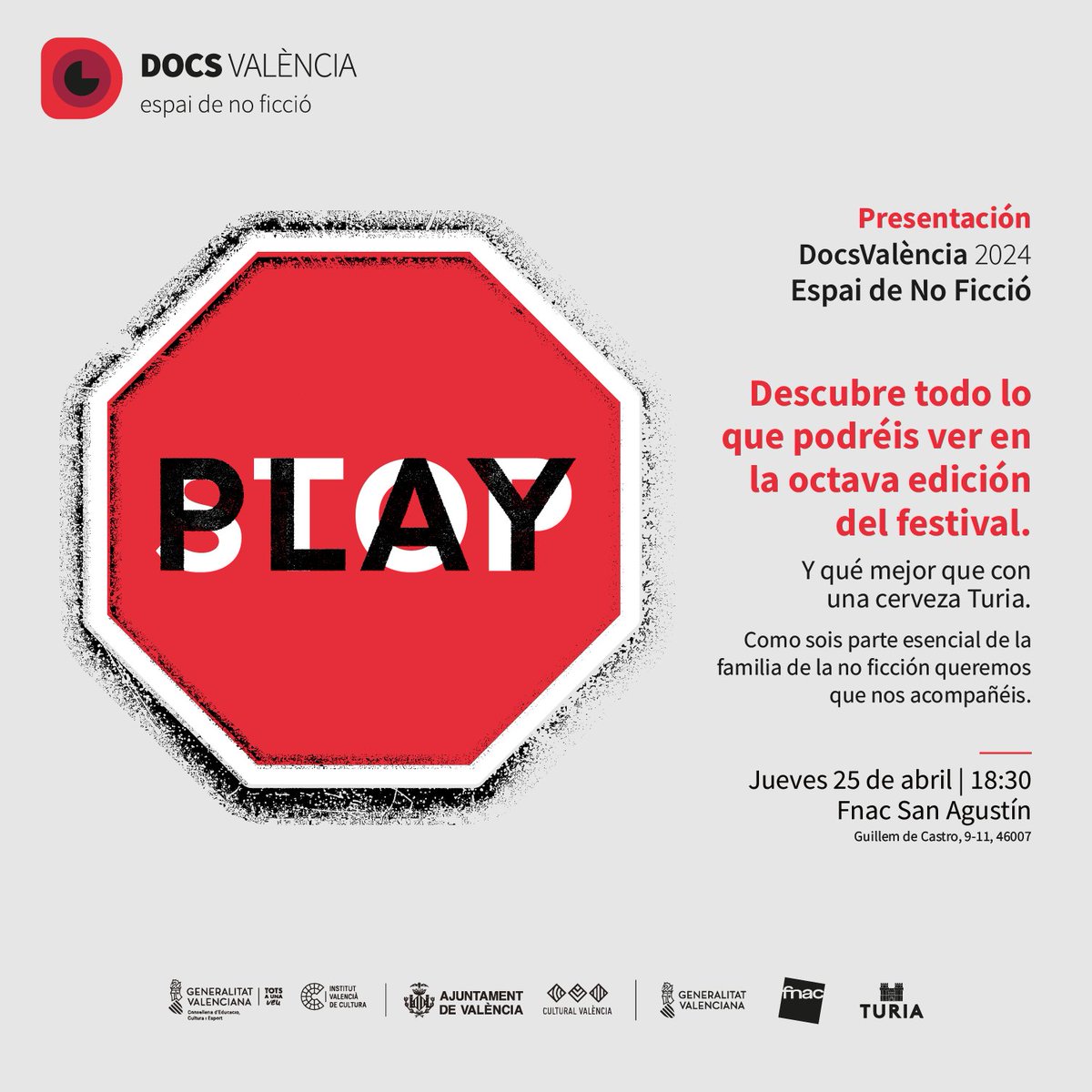 🛑 ¡Te invitamos a la presentación de #DocsValencia2024! 🎥 📆 Jueves 25 de abril | 🕡 18:30 📍 @Fnac_ESP San Agustín Ven y descubre la octava edición del festival con una @CervezaTuria en mano Con @GVAivc, @AjuntamentVLC