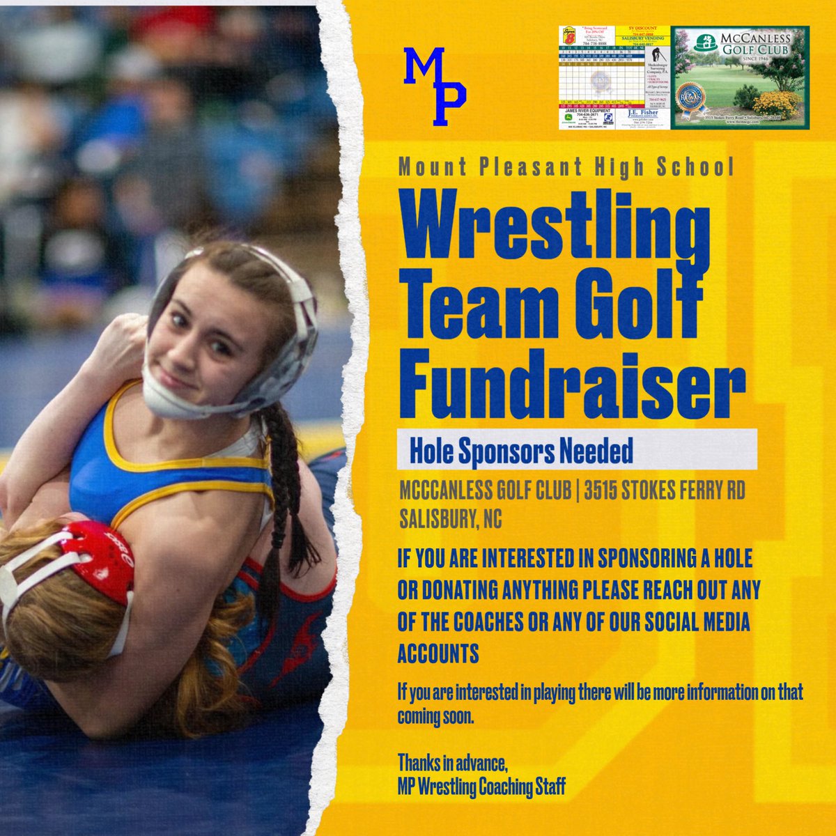 Mount_Wrestling's tweet photo. If you are interested in sponsoring a hole or holes in our golf fundraiser please DM me and we will straighten out all the logistics! Thanks! https://t.co/OulXkRSj7v