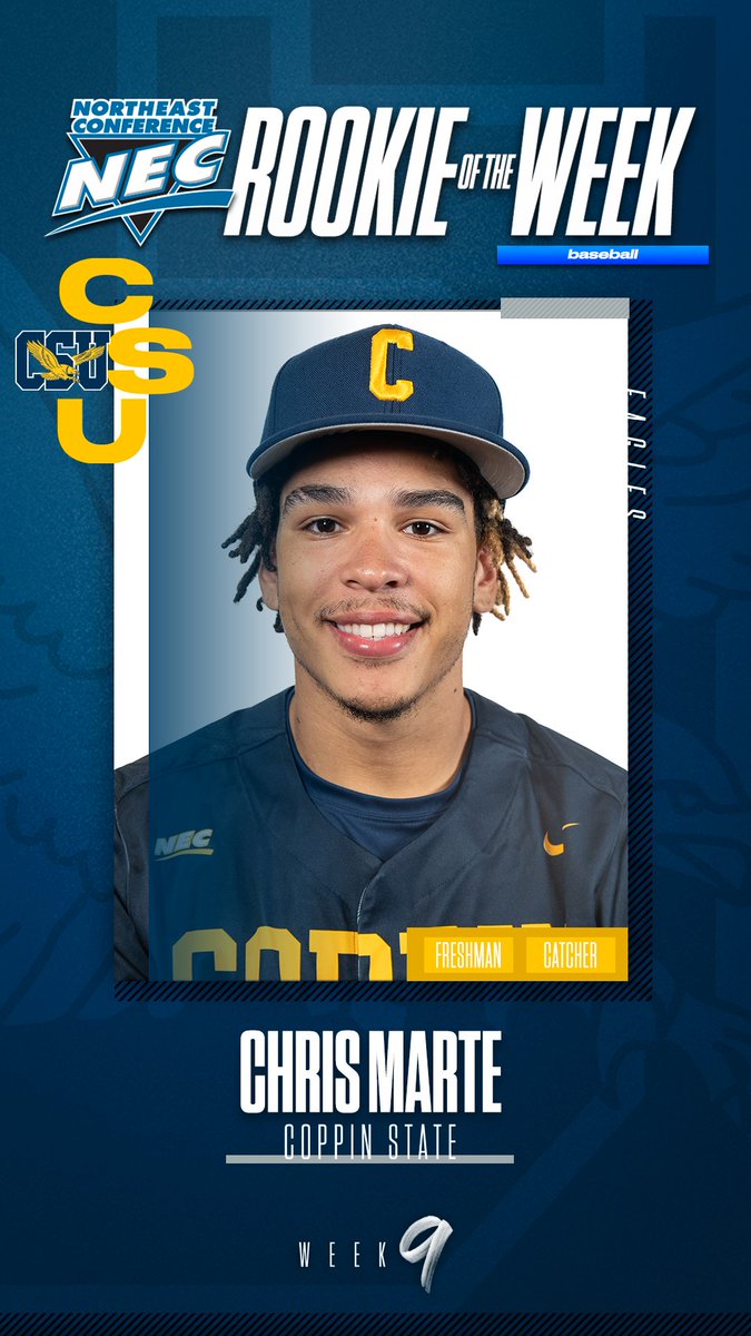 🏅#NECBaseball Rookie of the Week🏅 🧢Chris Marte, @coppinsports ✍️Marte scored 7 runs and drove in 9 more with all his RBIs coming in CSU’s weekend sweep of Norfolk State. Marte homered twice in CSU's series. He posted a .500 / .619 / 1.071 slash for a 1.671 OPS.