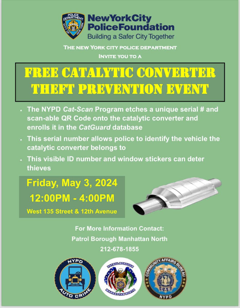 Protect your ride! 🚗 Join us at our Free Catalytic Converter Theft Prevention Event. Learn how to safeguard your vehicle from theft with practical tips. Full details on the poster below. Don’t miss this chance to keep your car safe! #TheftPrevention #NYPD