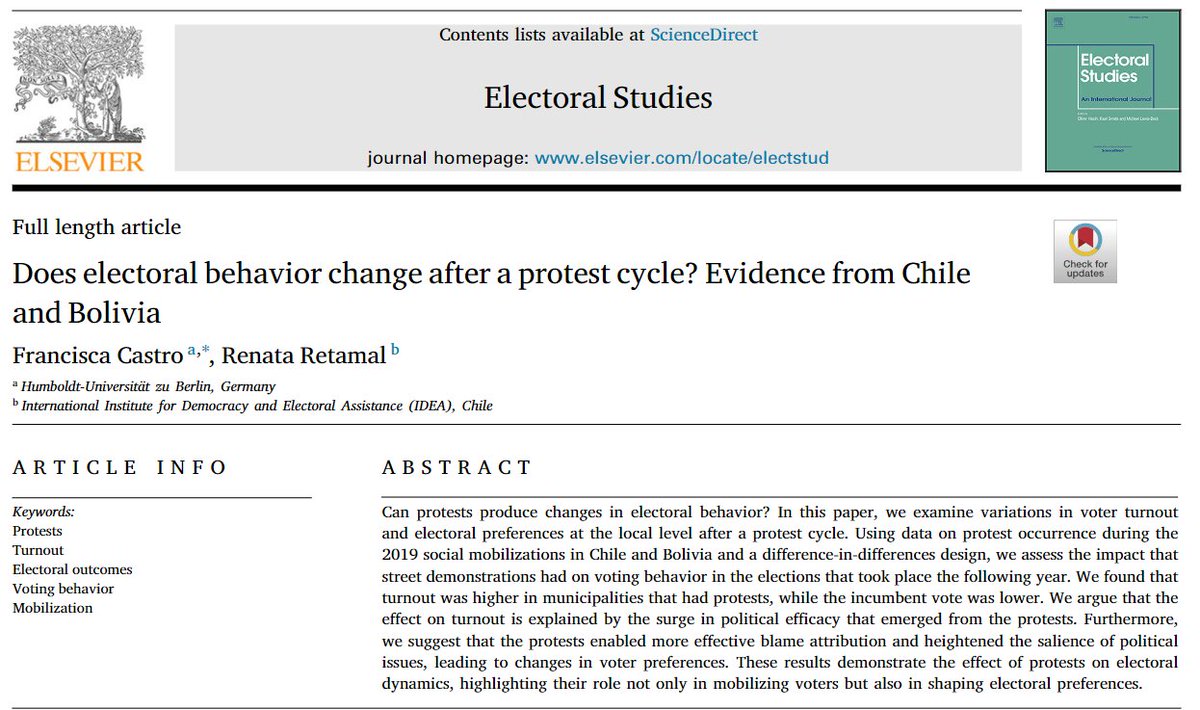 Happy to see this paper finally out! We study how the 2019 protests in Chile and Bolivia affected subsequent electoral behavior in the 2020 elections. sciencedirect.com/science/articl…