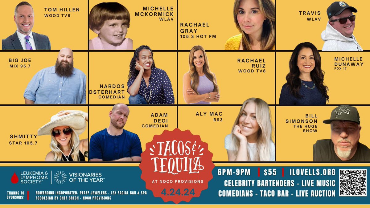Join me and other media celebrities for a charity bartending event…Tacos and Tequila, Wed., April 24th, 6p-9p, at Noco Provisions in Grand Rapids. All proceeds benefit The Leukemia Lymphoma Society - Michigan!!! #fightcancertogether