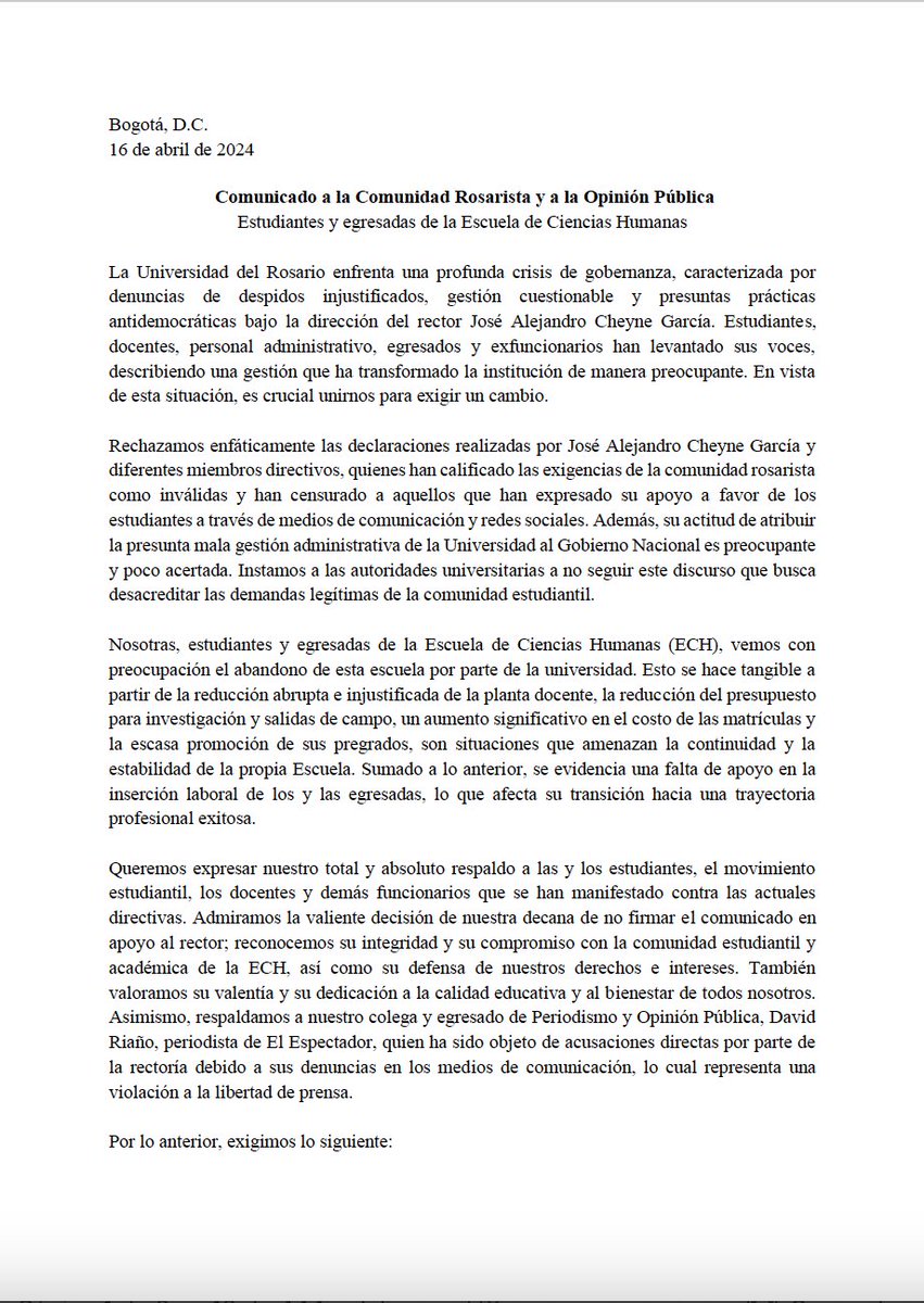 aleja_ortizm's tweet photo. 290 estudiantes y egresados de la Escuela de Ciencias Humanas de @URosario de pronuncian frente a la coyuntura institucional. Pedimos la renuncia del rector y apoyamos a la comunidad estudiantil. https://t.co/n4RgI5hDnv