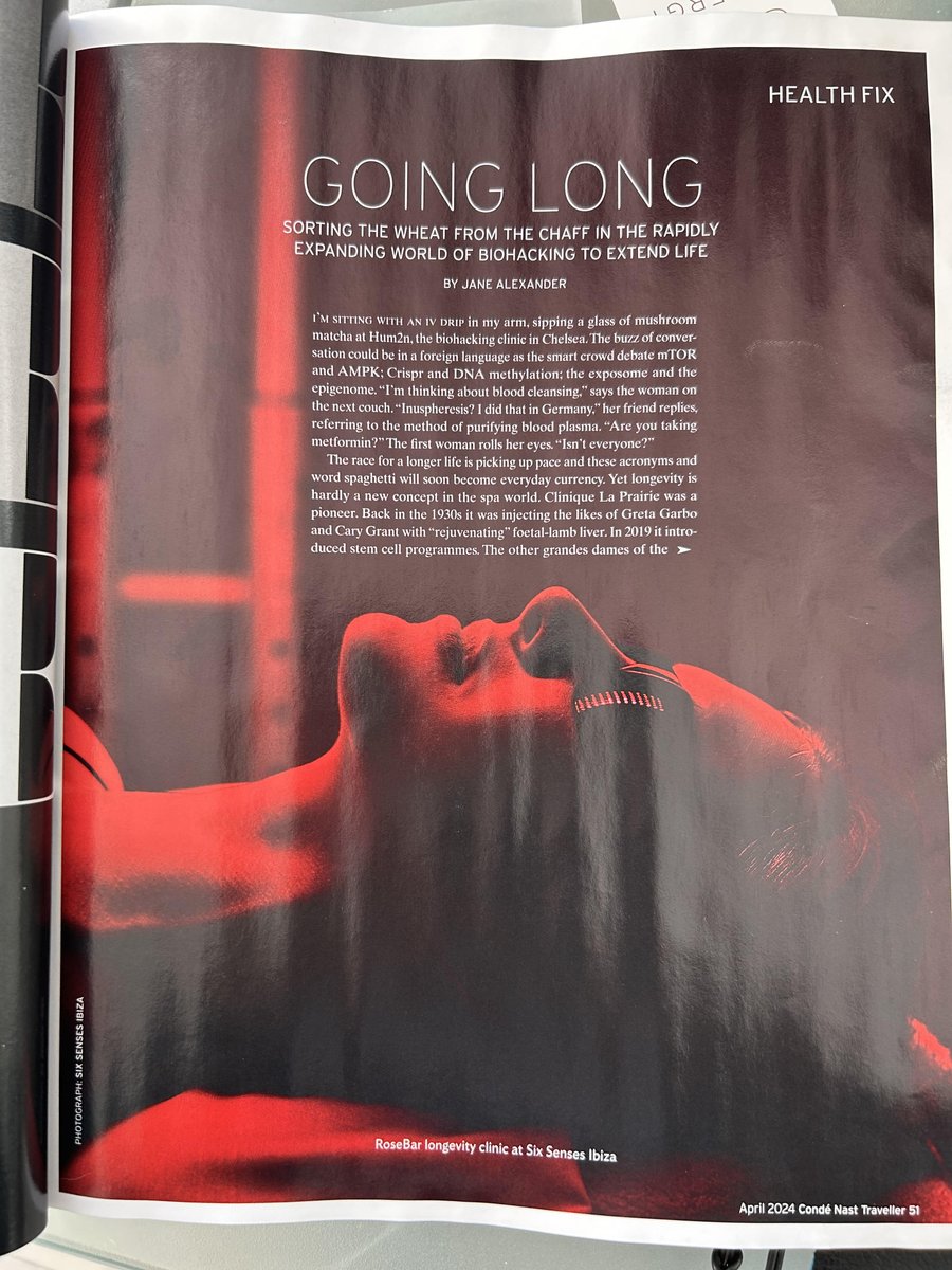 My piece on the rise of biohacking and longevity programmes for @cntraveller is now available to read online (no pay wall!). cntravellerme.com/story/new-bioh…