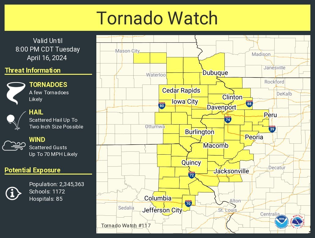 #tornadowatch for parts of #iowa,#Wisconsin,#Illinois,#Missouri incl #CedarRapids,#IowaCity,#Dubuque,#Davenport,#Bettendorf,#Moline,#Peoria,#Galesburg,#Quincy,#JeffersonCity,#ColumbiaMO
#Wxtwitter #SPC #SevereWX #Tornado #Hail #Wind #Wiwx #Iawx #Ilwx #Mowx #QuadCities #QCwx