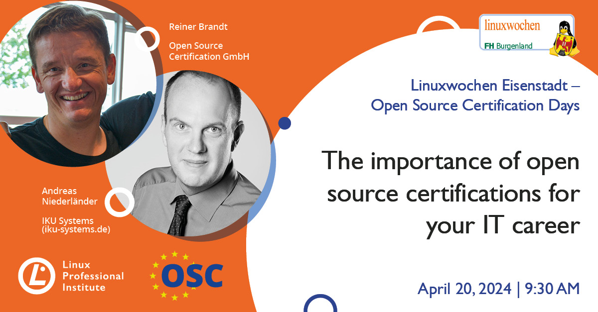 Linux Professional Institute (LPI) (@lpiconnect) on Twitter photo Don't miss #Linuxwochen Eisenstadt, in Austria, April 19th - 20th!
Check out the talk from Reiner Brandt (<a href="/LPI_CE/">OSC - LPI Channel Partner Europe</a>) and Andreas Niederländer (<a href="/iKuSystems/">iKu Systems</a>) to learn how #opensource certification can help you take the next leap in your career:
lpi.org/68wg Don't miss #Linuxwochen Eisenstadt, in Austria, April 19th - 20th!
Check out the talk from Reiner Brandt (<a href="/LPI_CE/">OSC - LPI Channel Partner Europe</a>) and Andreas Niederländer (<a href="/iKuSystems/">iKu Systems</a>) to learn how #opensource certification can help you take the next leap in your career:
lpi.org/68wg
