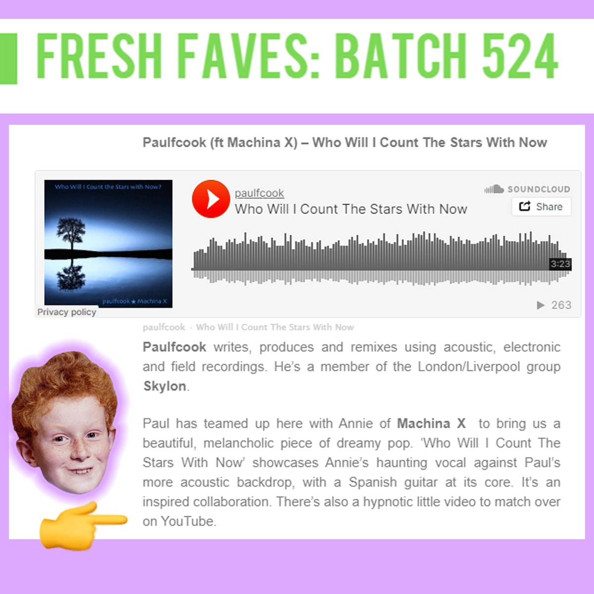 It's such a great feeling to make it through the public vote on @FreshOnTheNet and get through to the Fresh Faves with my song collaborating with Annie from @M_A_C_H_I_N_A_x . FreshOnTheNet is an amazing resource for new and emerging artists so spread the word far & wide.