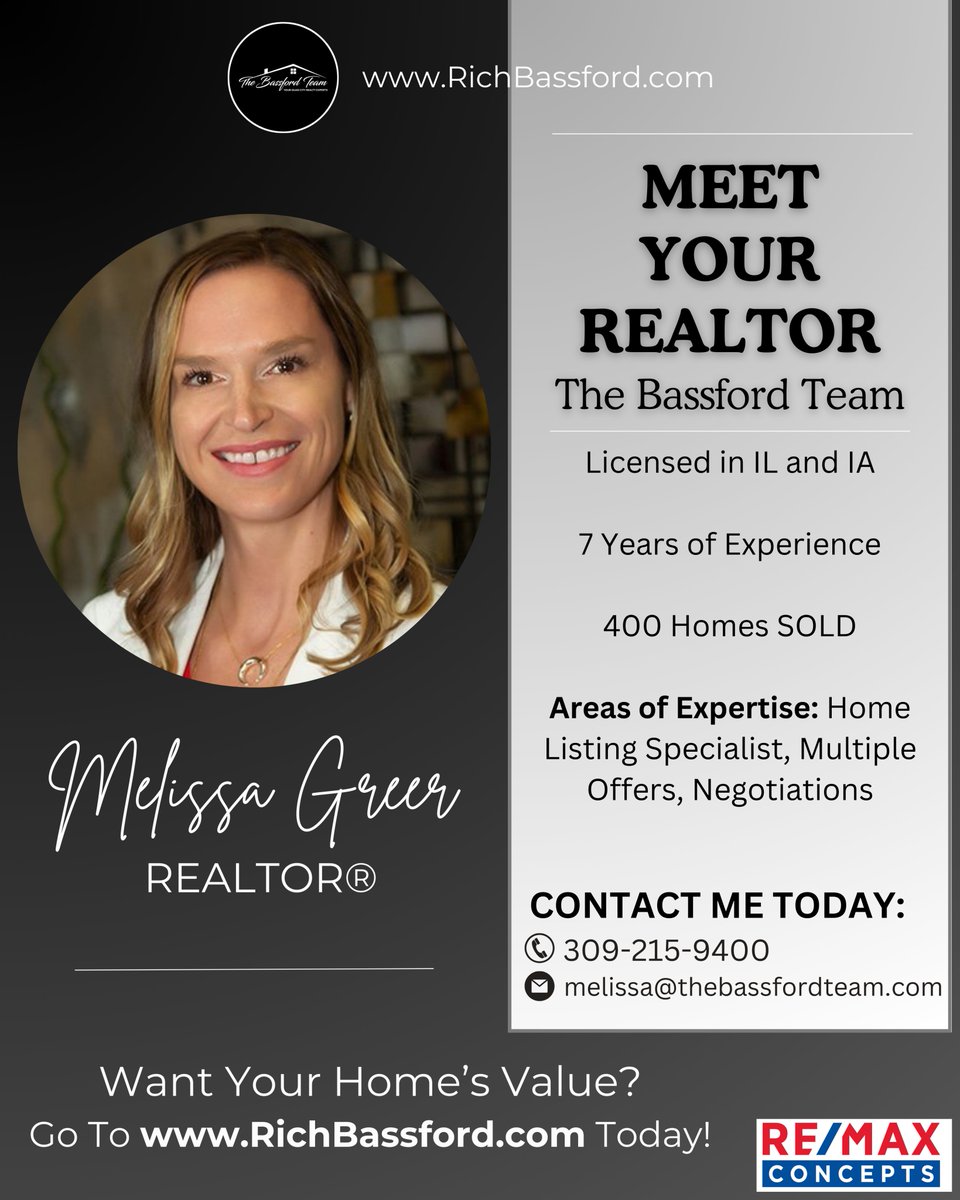 🏡 Meet Your Realtor - Melissa Greer from The Bassford Team! 🌟 Your go-to expert for all things real estate. Contact Melissa at 📞 309-215-9400 or 📧 melissa@thebassfordteam.com. #TheBassfordTeam #MelissaGreer #realestate #RichBassford #REMAXConcepts