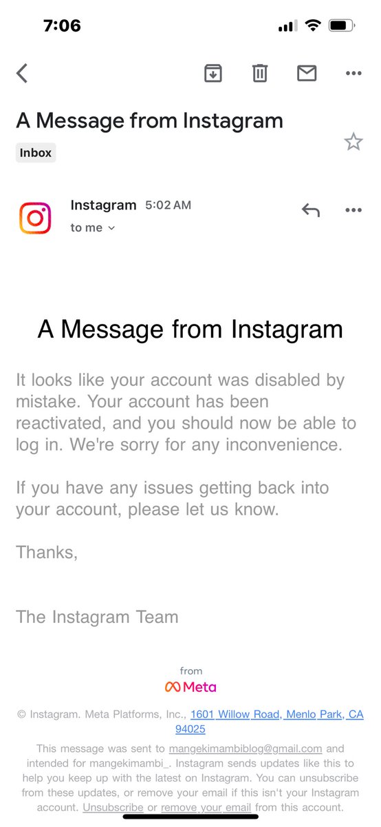 Ndani ya masaa 5 page yangu imefungwa na kufunguliwa mara 3.Instagram wananitumia hiyo email ya kuniomba msamaha kila wanapoifungua. . Something fishy is going on, even instagram can’t figure it out. Nimewaambia instagram wacheki logs kuona employee anae access acc yangu.