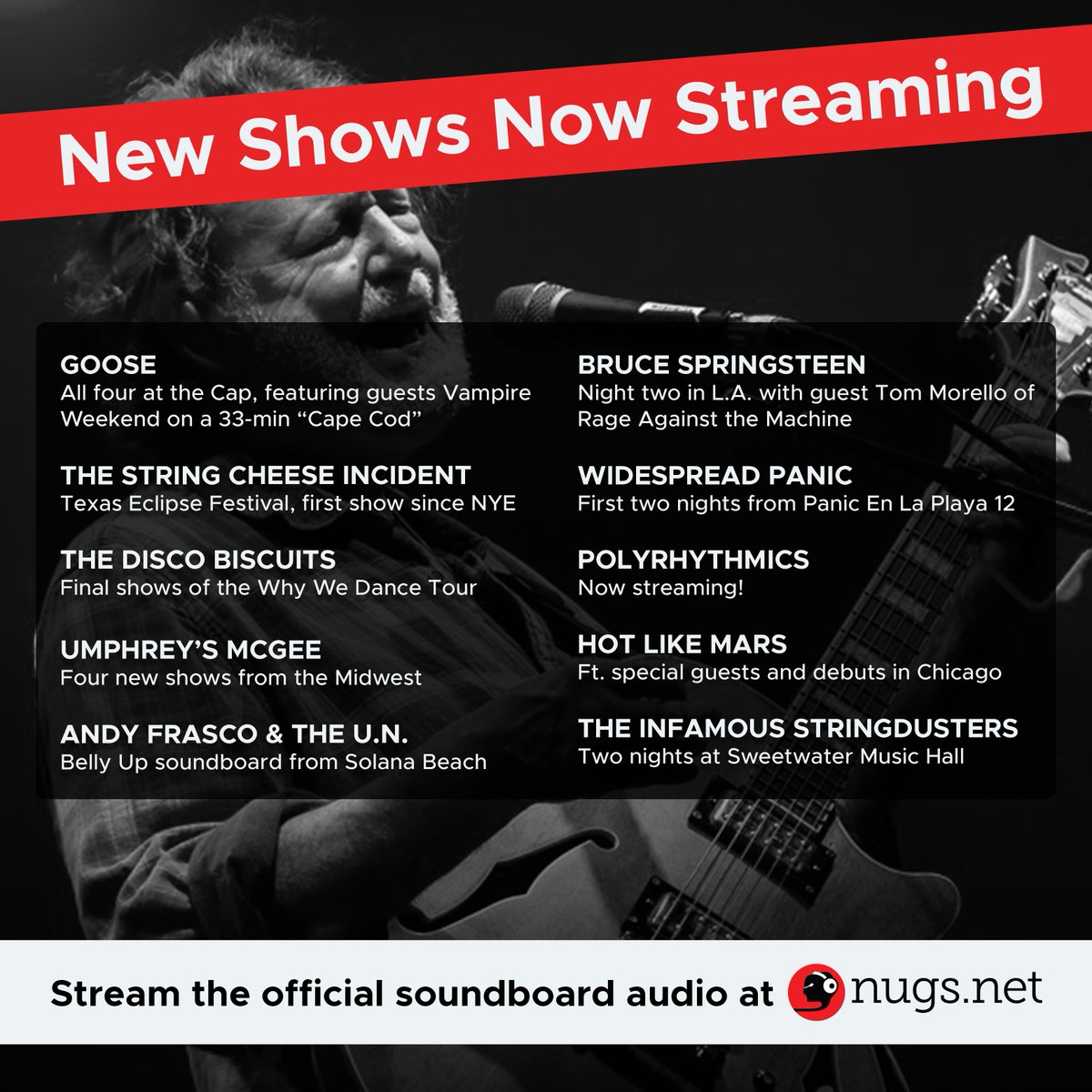 Check out the newest soundboards in the app, featuring @WidespreadPanic's ongoing @panicenlaplaya, @SCI_Official's first Incident since NYE, @goosetheband's first four shows with new drummer Cotter Ellis, and big Bruce @Springsteen action in California 🎶 🎧 ➡️…