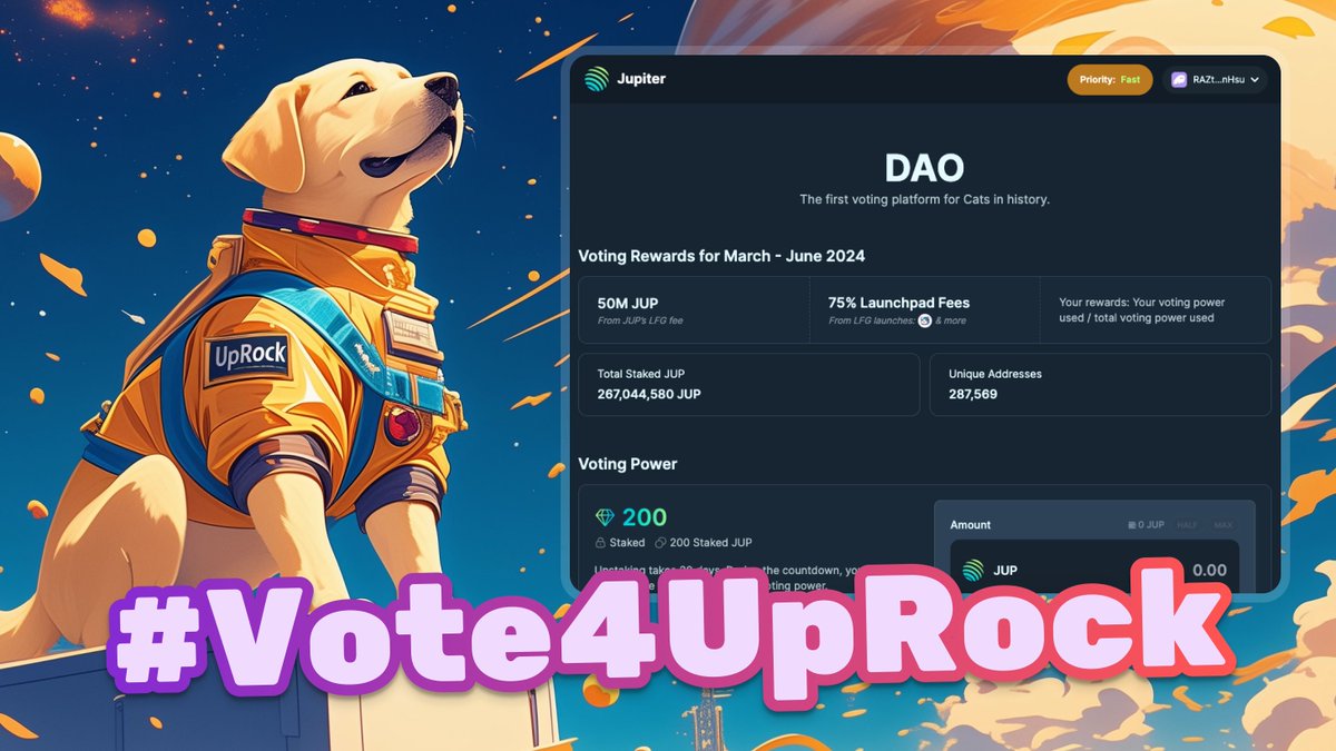 UpRockCom's tweet photo. Get Ready to Vote For UpRock on Jupiter LFG Launchpad!

Timeline & Explainer

Date: 17th April, 5pm UTC (Start) - 20th April, 5pm UTC (End)
Vote Link: https://t.co/fA5EefER04 
Support: https://t.co/5Hstswkf1I 
Website: https://t.co/RtvKX5WuiB 
Tokenomics: https://t.co/WLZWCw5WDn 

How to Vote?
➤ Head over to https://t.co/NM8GrerWzl now & lock some JUP and wait for the voting to be live!
➤ If this is your first time, start here: https://t.co/Q5iIJeD2qm 
➤ Token-weighted voting: The more $JUP you have, the more voting power for UpRock! 
“1 JUP = 1 Voting Power”

LFG Launchpad Voting Rewards Pool
Here's a breakdown of the entire pool for the period March through June:
➤ 50m JUP
➤ 7.5bn WEN
➤ 0.75% of token supply for each LFG launched token
➤ If UpRock leads Round #2, 7.5 million UPT expected to be distributed to all Voters in July 

Royalty Rewards for UpRock Voters
➤ Round #1: As we stated back in March 17th:
https://t.co/g5CZgMvnvN
We have reserved 1,000,000 UPT for Round #1 UpRock Voters.
Distribution will be held after the token launch.
➤ Round #2: Stay tuned for that, just bear in mind: We reward loyalty!

UpRock for the Win!