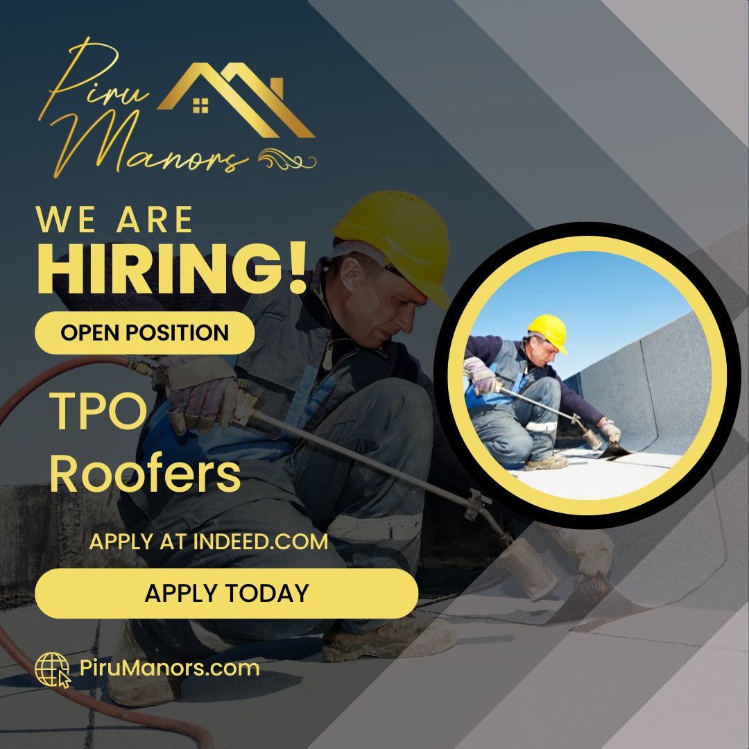 Attention TPO Roofers! 🛠️ Join our dynamic team and help us protect properties with top-tier TPO roofing solutions. Apply now and be part of something extraordinary. #TPORoofing #NowHiring'

Apply Here:
ow.ly/XSe050Rhh3A?