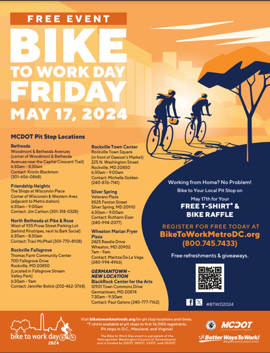 🚴‍♂️🌞 Gear up, Montgomery County! Join us for Bike to Work Day on May 17! Pedal through any of our 8 fun pit stops for freebies, tunes, and a chance to win a shiny new bike. 🎉 Check out the closest stop to you: ow.ly/PSsY50RgM8Z