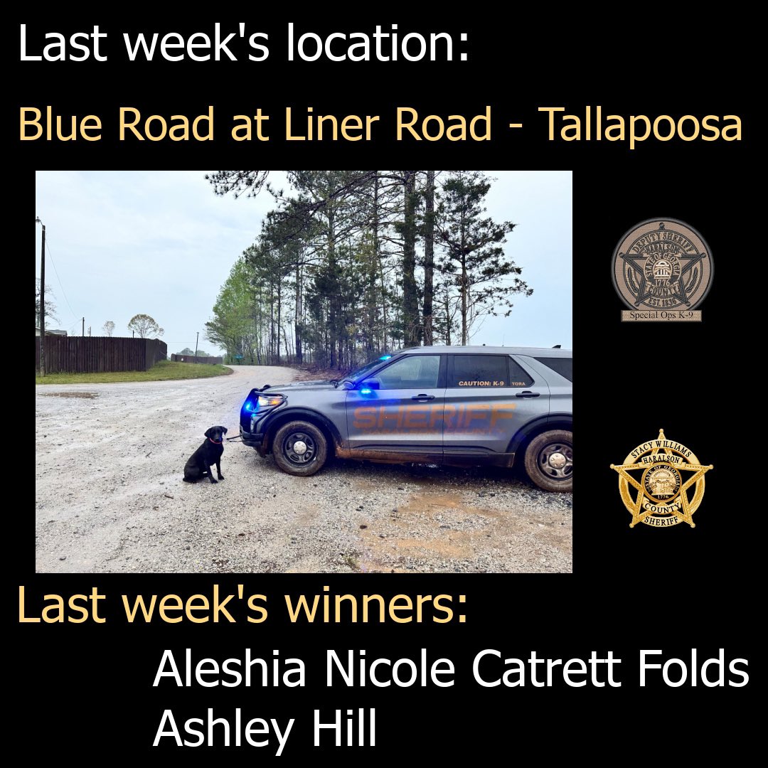 It took us a few weeks, but we were finally able to get K-9 Tora’s location by most of y’all! The correct answer was Blue Rd at Liner Rd. We would like to congratulate our winners, Aleshia Catrett Folds & Ashley Hill. Where will K-9 Tora be this week…   #StayTuned #K9Tora #HCSO