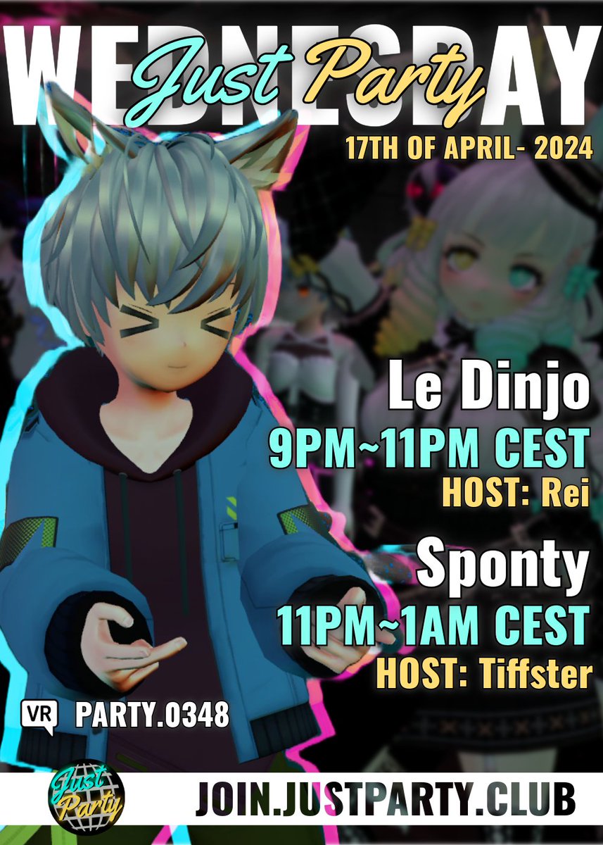Just Party Wednesday! 21:00 - 01:00 CEST DJ's - @LeDinjo @SpontaneityVR Discord - discord.gg/fTKAstQmVRchat Group - vrc.group/PARTY.0348
