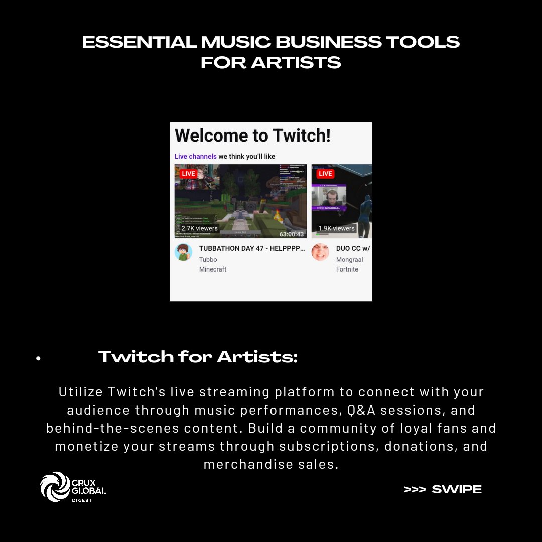 - Canva for Designs
- LinkFire for Artists
- Twitch for Artists 

#cruxglobaldigest #musicbusiness #tools #artists #poweredbycruxglobal 

(3/3)