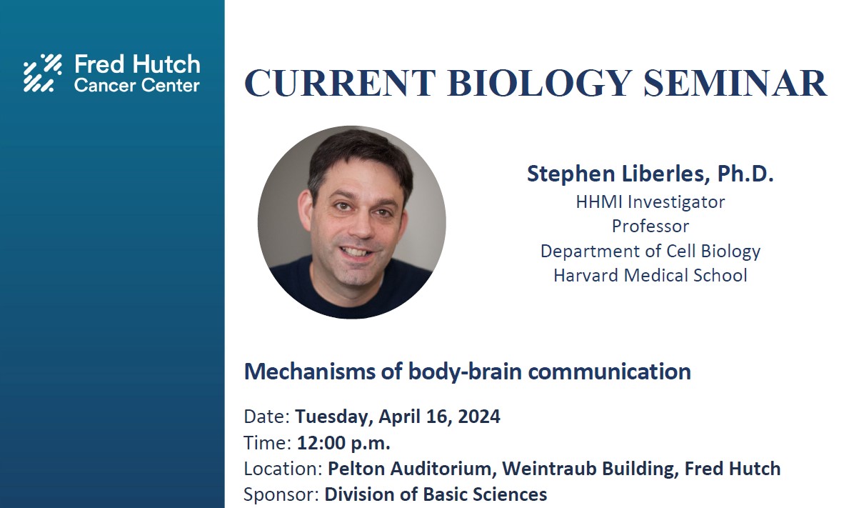 “Mechanisms of body-brain communication” For all our @FredHutch colleagues, don’t miss a fantastic Current Biology Seminar today at noon. We are incredibly excited to have Dr. Stephen Liberles joining us from @HarvardCellBio to share his latest research.