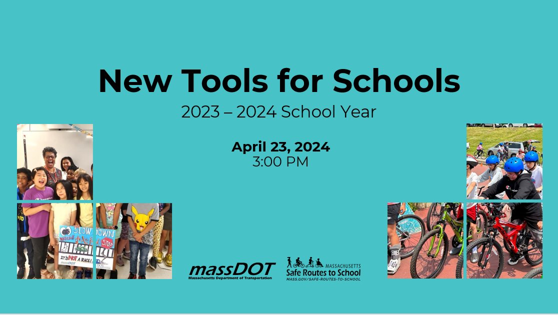 ONE WEEK AWAY! The annual “New Tools for Schools” Spring Webinar is Tuesday April 23rd at 3 pm! Join us for an informative session about what is new and upcoming from the @massdot #SRTS team!

Visit our website to register: tinyurl.com/bw99r2bv