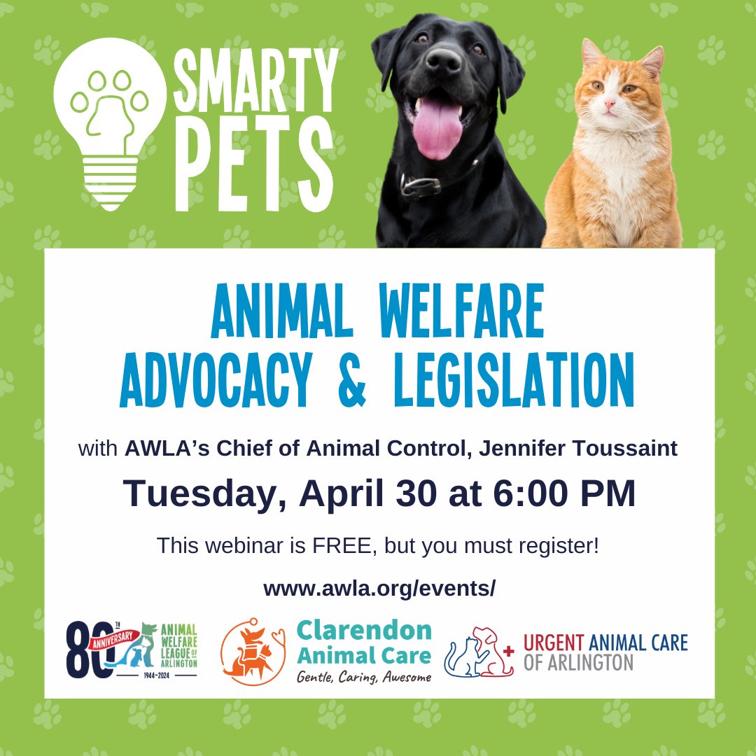 You don't want to miss our upcoming Smarty Pets webinar! Our very own Chief Toussaint will be speaking about Animal Welfare Advocacy & Legislation in Virginia, from State animal legislation to how you can support animal rights. Learn more and register at awla.org/event/smarty-p…