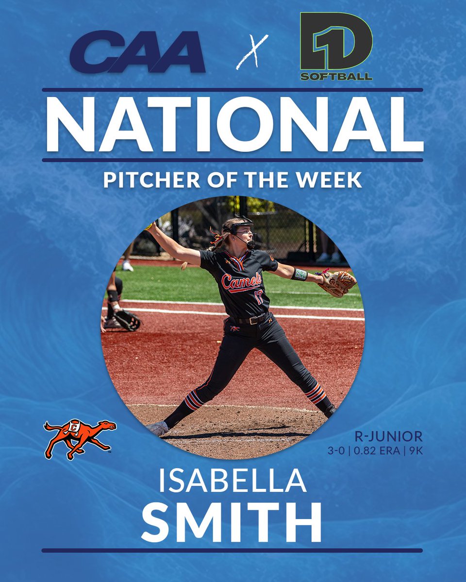 🥎 @GoCamelsSB redshirt junior Isabella Smith has been selected as the @D1Softball National Pitcher of the Week announced Tuesday morning 👏👏👏 📰 bit.ly/4cWLfHY