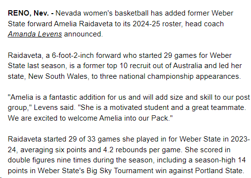 Weber State WBB transfer Amelia Raidaveta (6-2 SO center, Dubbo, New South Wales, Australia) has landed at Nevada, their first transfer addition for next season nevadawolfpack.com/news/2024/4/16…