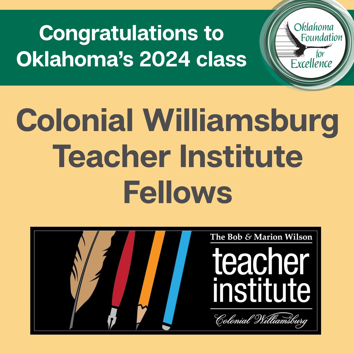 34 Oklahoma fifth- and eighth-grade teachers have been chosen for @colonialwmsburg Teacher Institute fellowships. In June, they will travel to the restored capital of 18th-century Virginia to immerse themselves in early American history. Learn more at ofe.org/oklahoma-fifth…