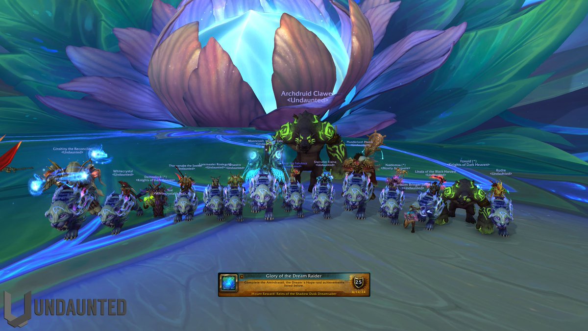 "Big congrats to all our Achievement &amp; mount hunters who attended our latest achiev run to tackle the Glory of the Dream Raider! We did it! We have completed all the achievements to unlock the Reins of the Shadow Dusk Dreamsaber mount for our collections!" -Yumene